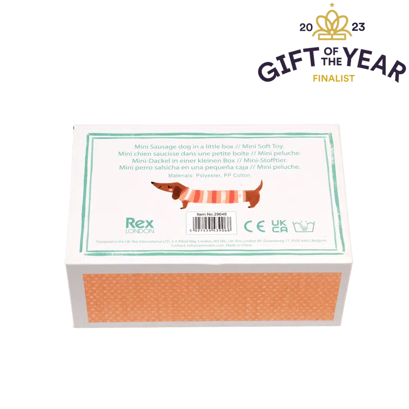 mini sausage dog in a little box