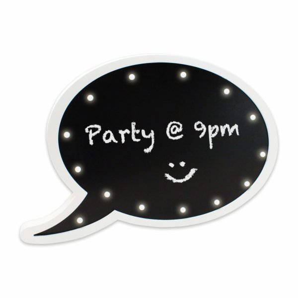 Chalkboard bubble light with message 'Party at 9pm' against white background