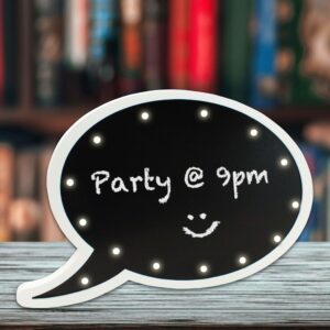 Chalkboard bubble light with message 'Party at 9pm'