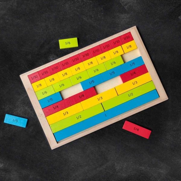 Wooden fraction board showing with different coloured fractions