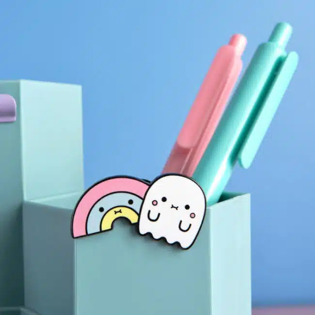 noodoll enamel pins in pencil pot